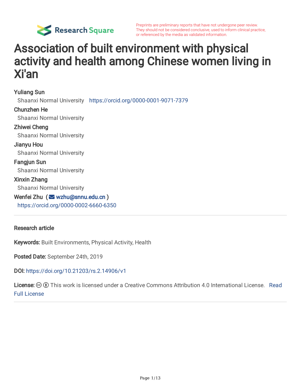 Association of Built Environment with Physical Activity and Health Among Chinese Women Living in Xi'an