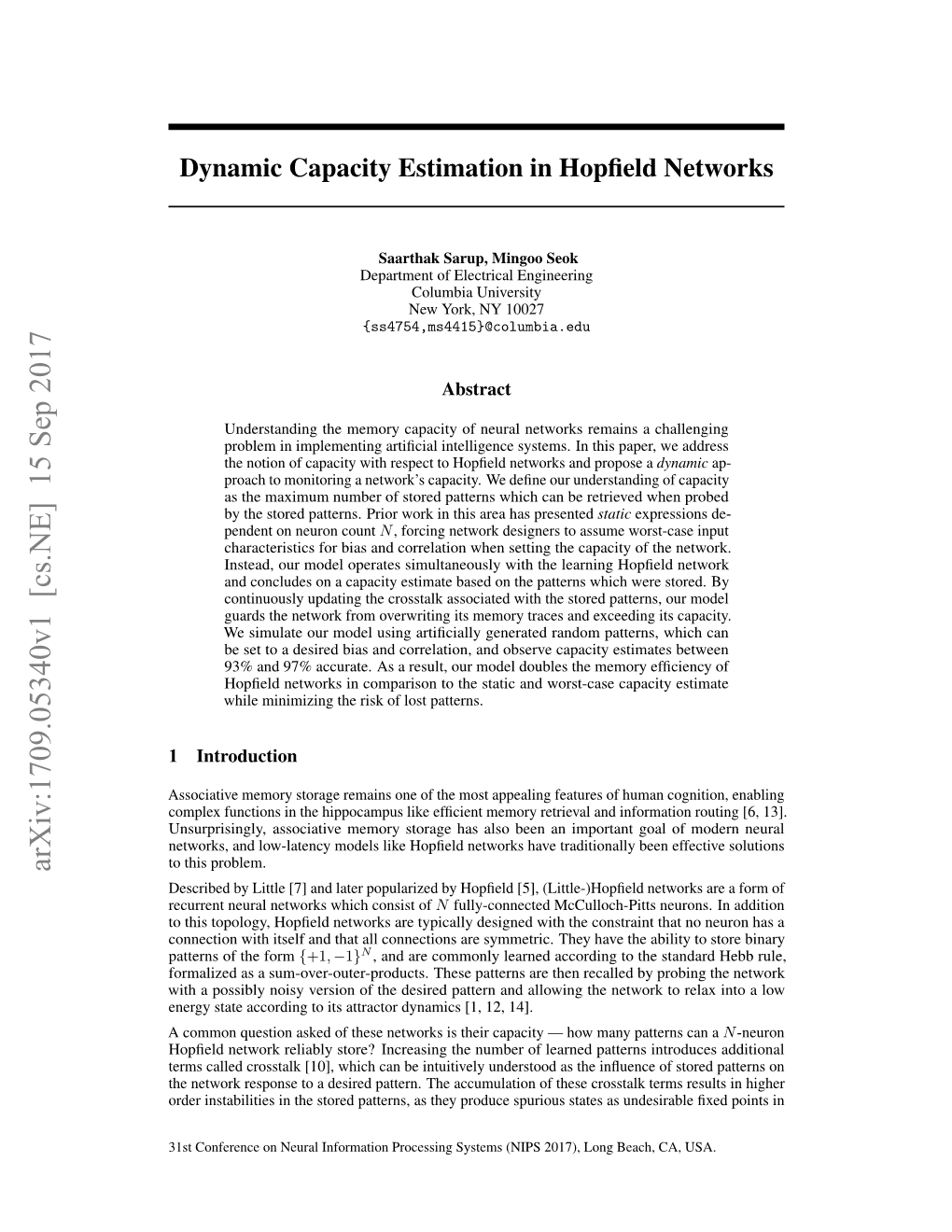 Dynamic Capacity Estimation in Hopfield Networks