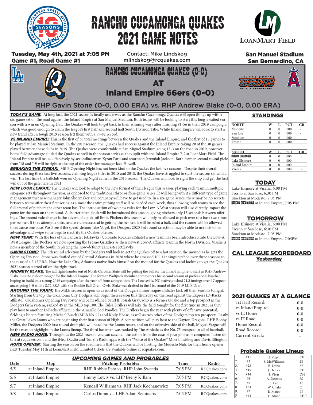 Rancho Cucamonga Quakes 2021 Game Notes