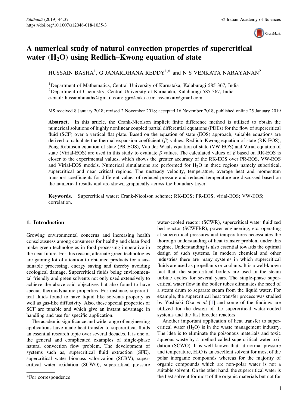 A Numerical Study of Natural Convection Properties of Supercritical Water (H2O) Using Redlich–Kwong Equation of State