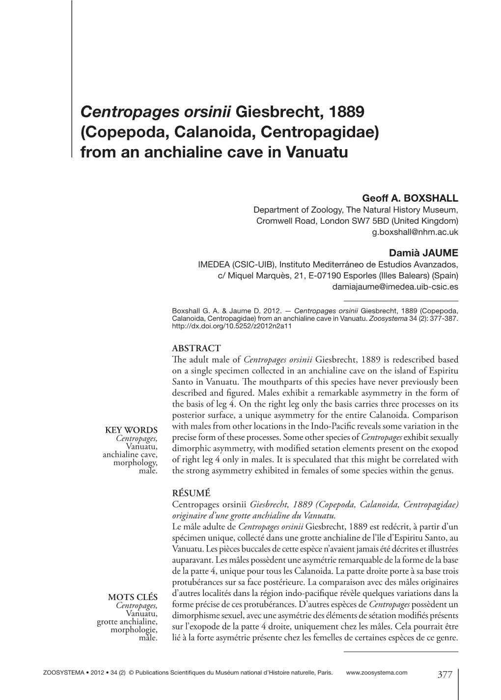 Copepoda, Calanoida, Centropagidae) from an Anchialine Cave in Vanuatu