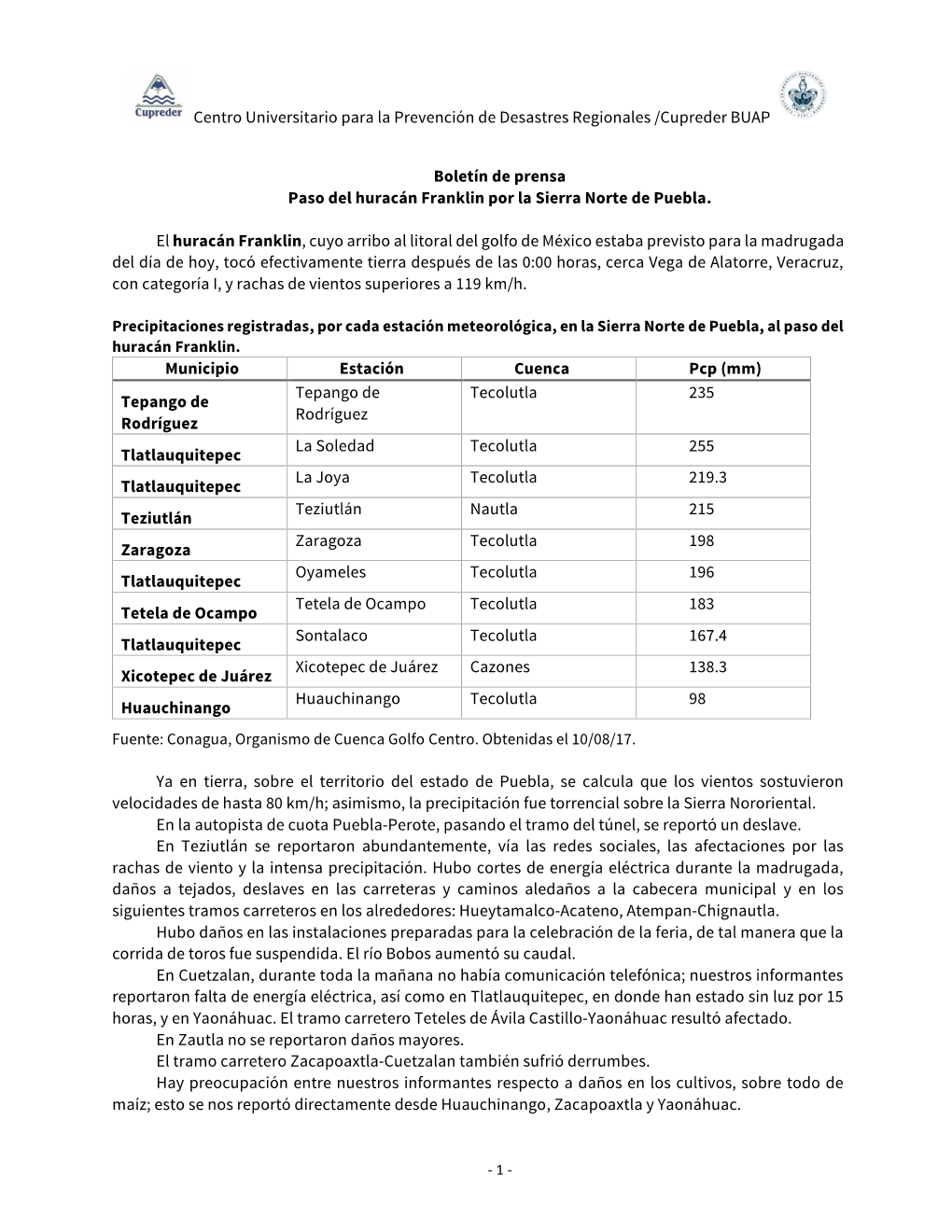 Boletín De Prensa Paso Del Huracán Franklin Por La Sierra Norte De Puebla