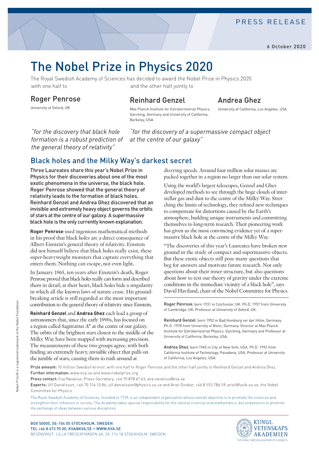 The Nobel Prize in Physics 2020