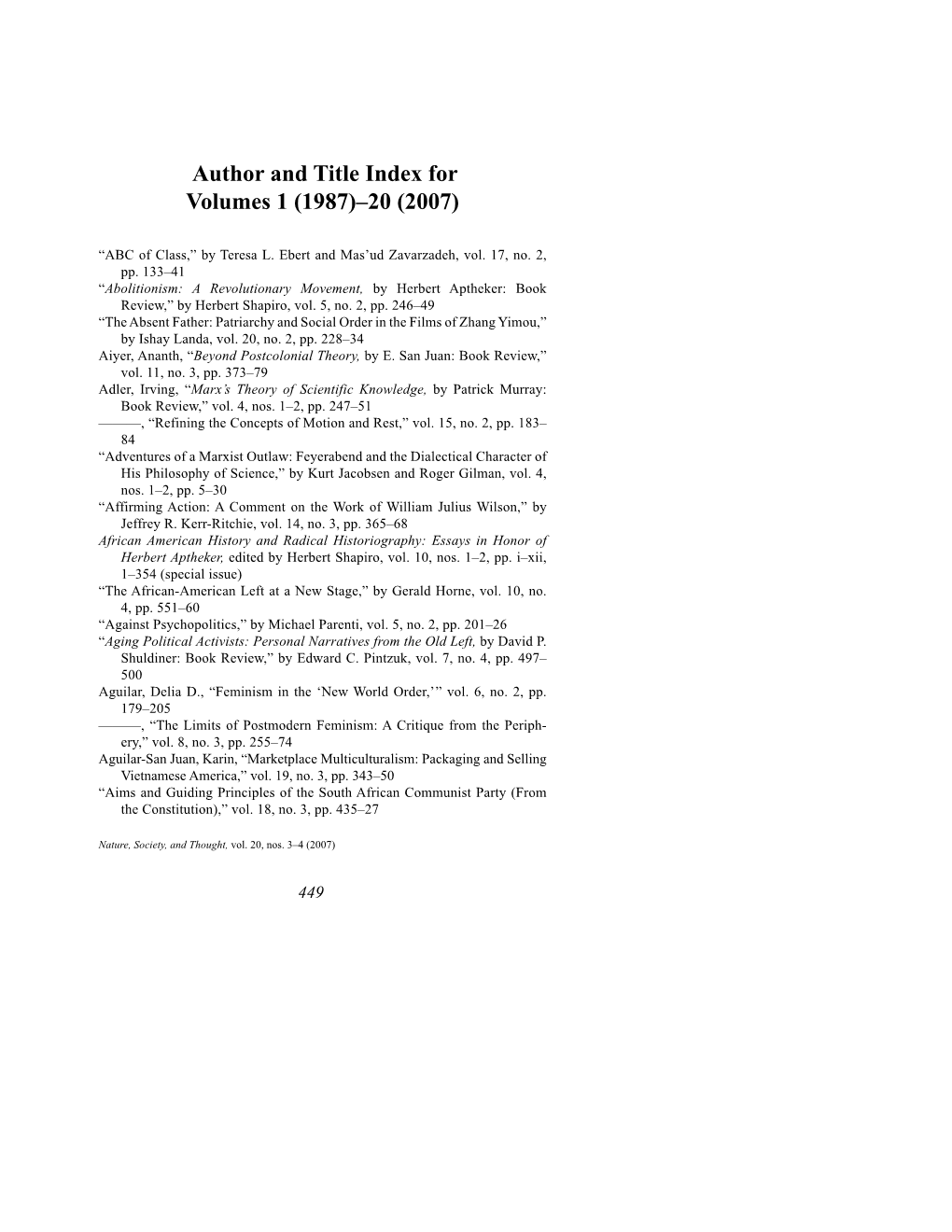 Author and Title Index for Volumes 1 (1987)–20 (2007)