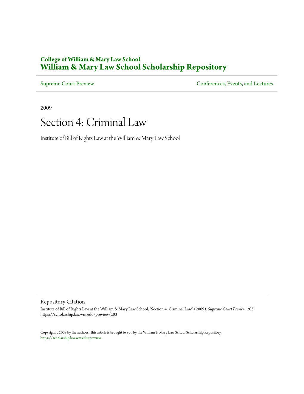Section 4: Criminal Law Institute of Bill of Rights Law at the William & Mary Law School
