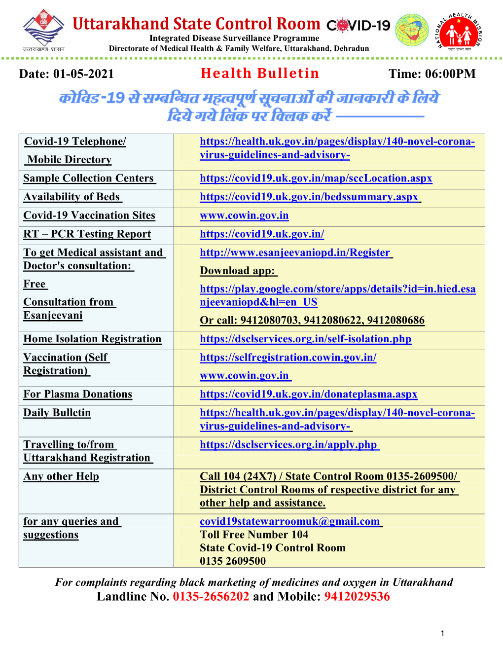 Health Bulletin COVID 19 Uttarakhand 01 May 2021