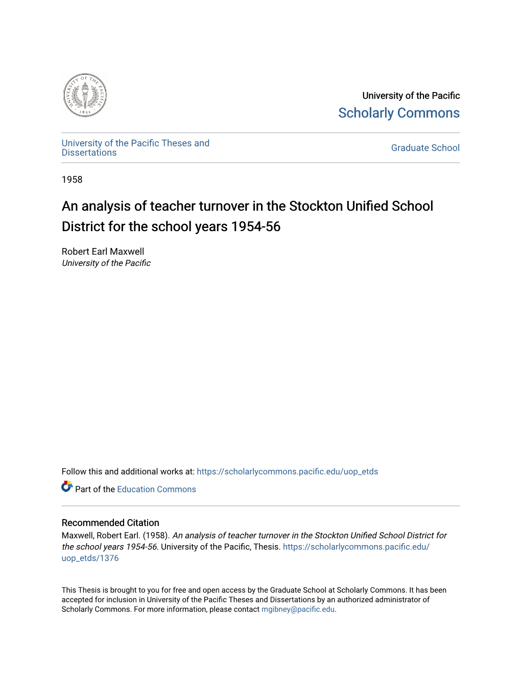 An Analysis of Teacher Turnover in the Stockton Unified School District for the School Years 1954-56