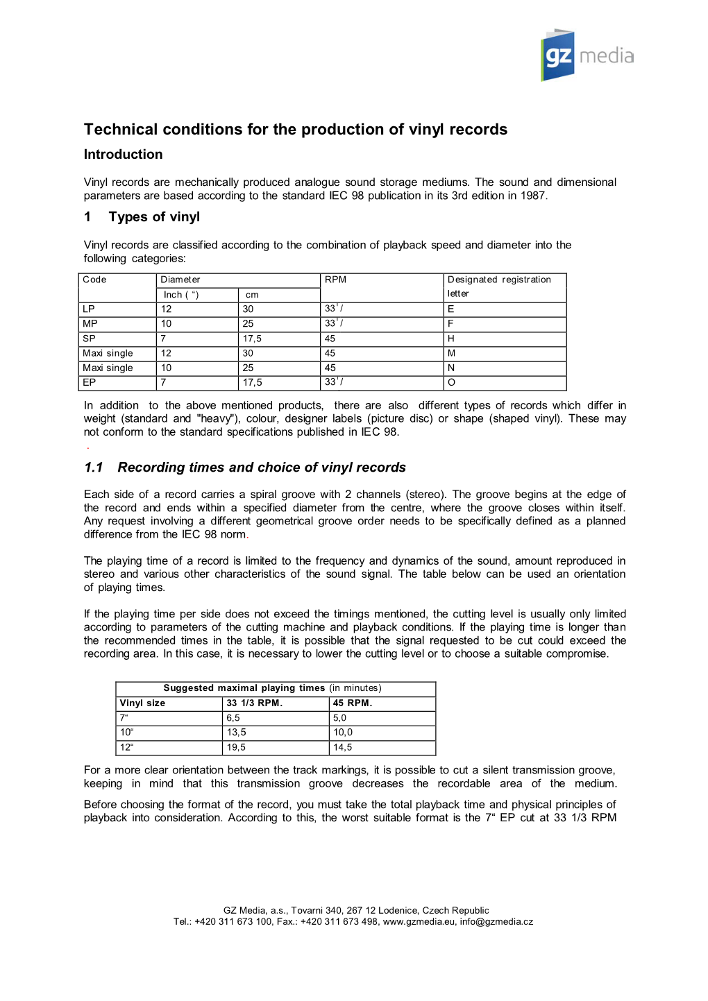 Technical Conditions for the Production of Vinyl Records