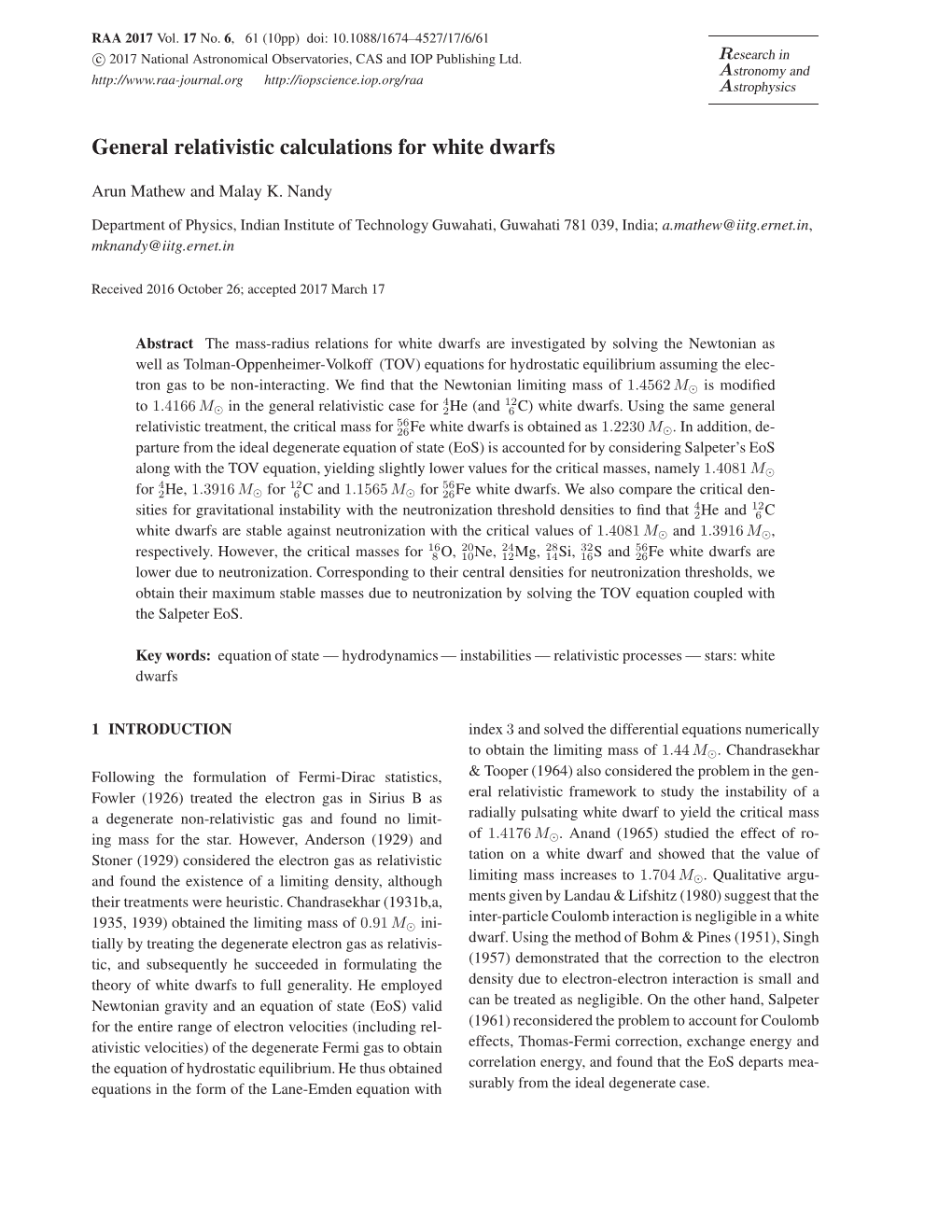 General Relativistic Calculations for White Dwarfs