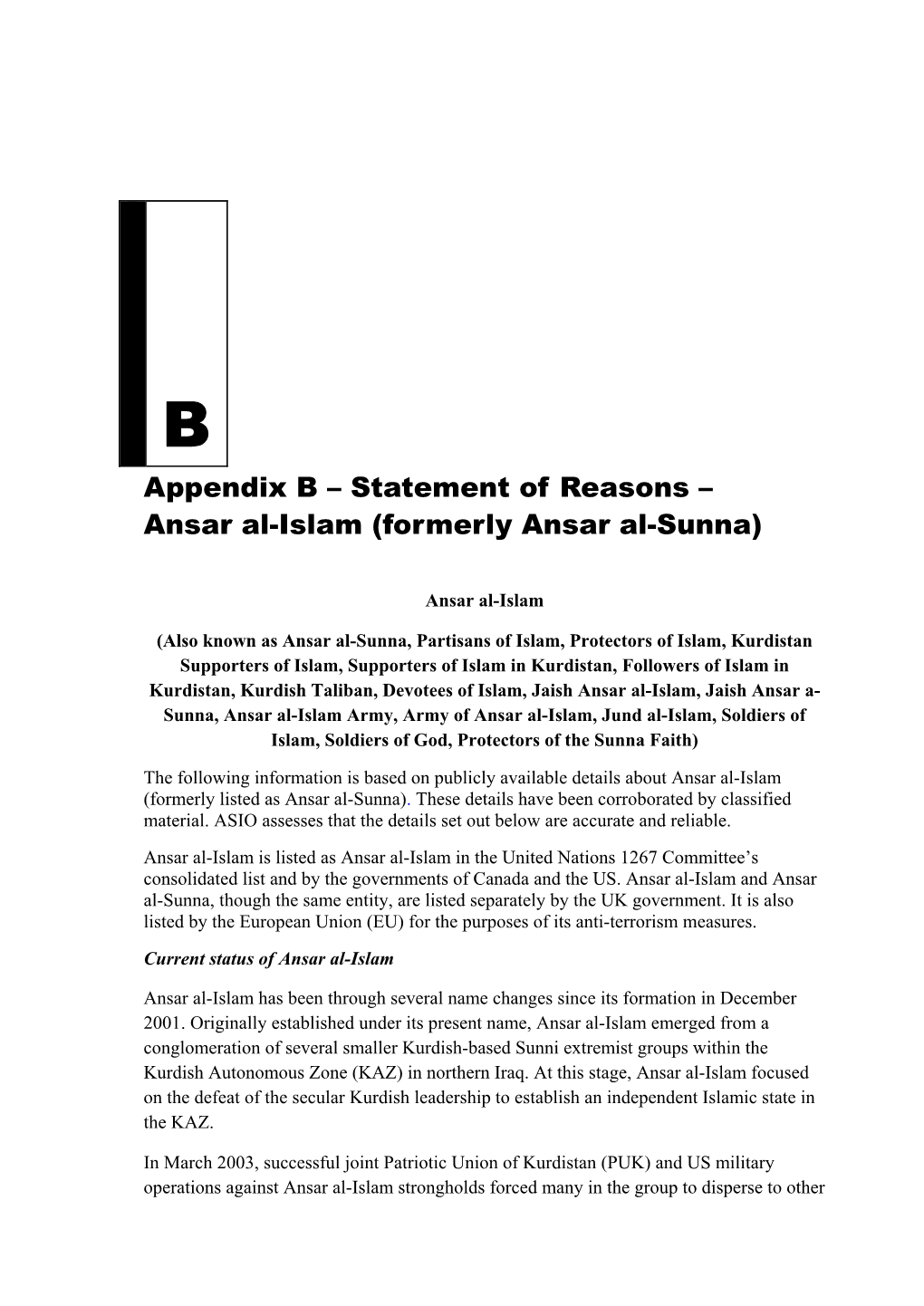 Appendix B – Statement of Reasons – Ansar Al-Islam (Formerly Ansar Al-Sunna)