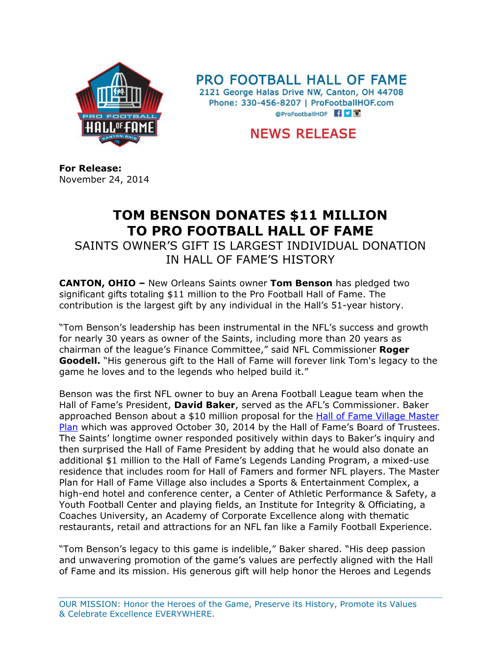 Tom Benson Donates $11 Million to Pro Football Hall of Fame Saints Owner’S Gift Is Largest Individual Donation in Hall of Fame’S History