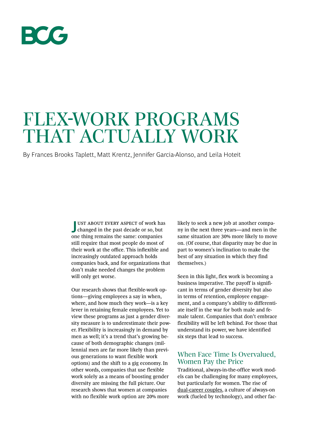 FLEX-WORK PROGRAMS THAT ACTUALLY WORK by Frances Brooks Taplett, Matt Krentz, Jennifer Garcia-Alonso, and Leila Hoteit