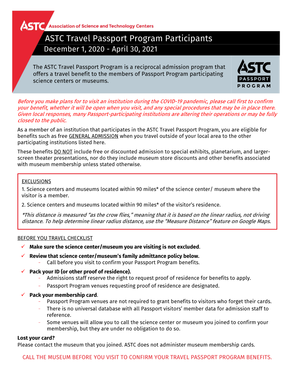 ASTC Travel Passport Program Participants December 1, 2020 - April 30, 2021
