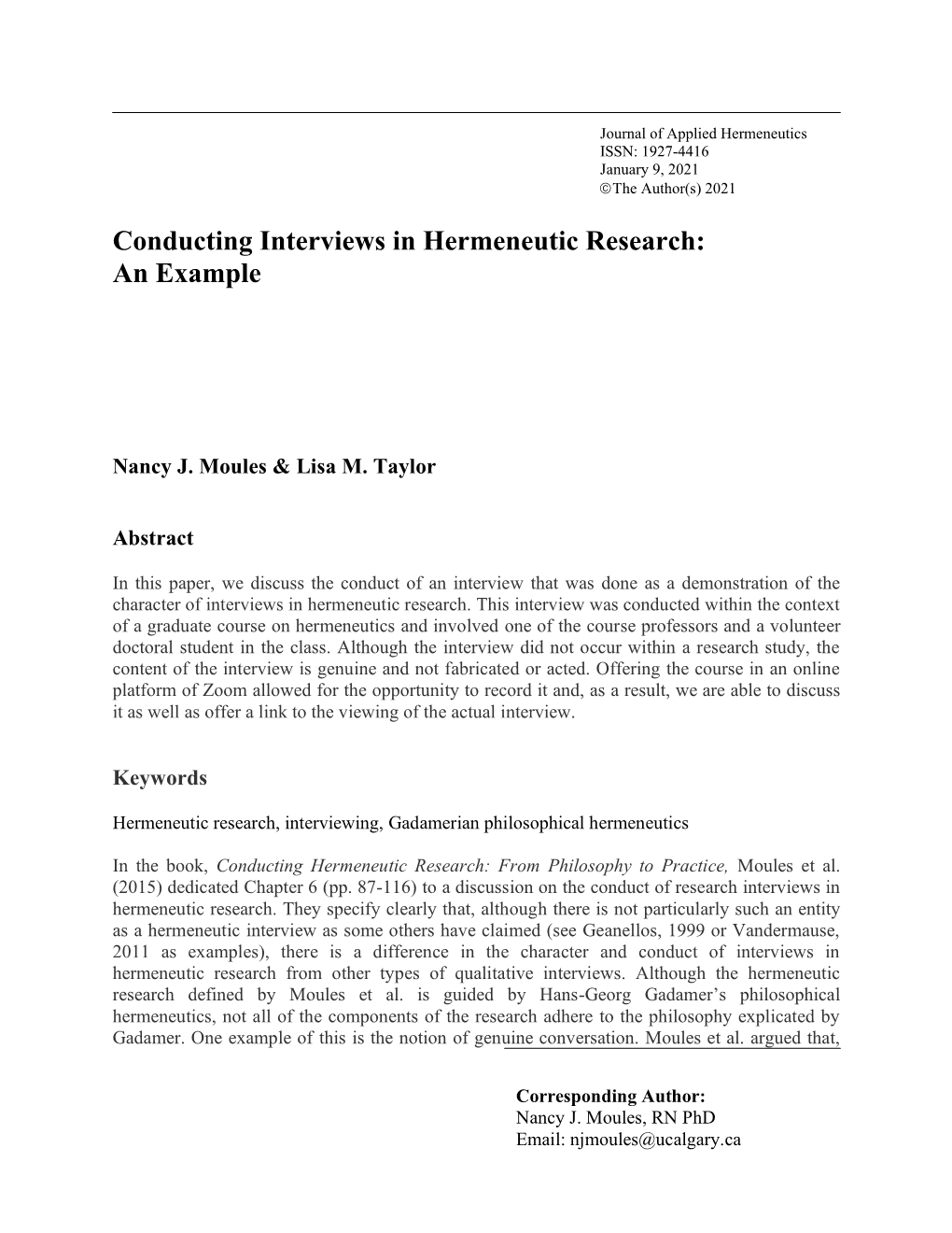 Conducting Interviews in Hermeneutic Research: an Example