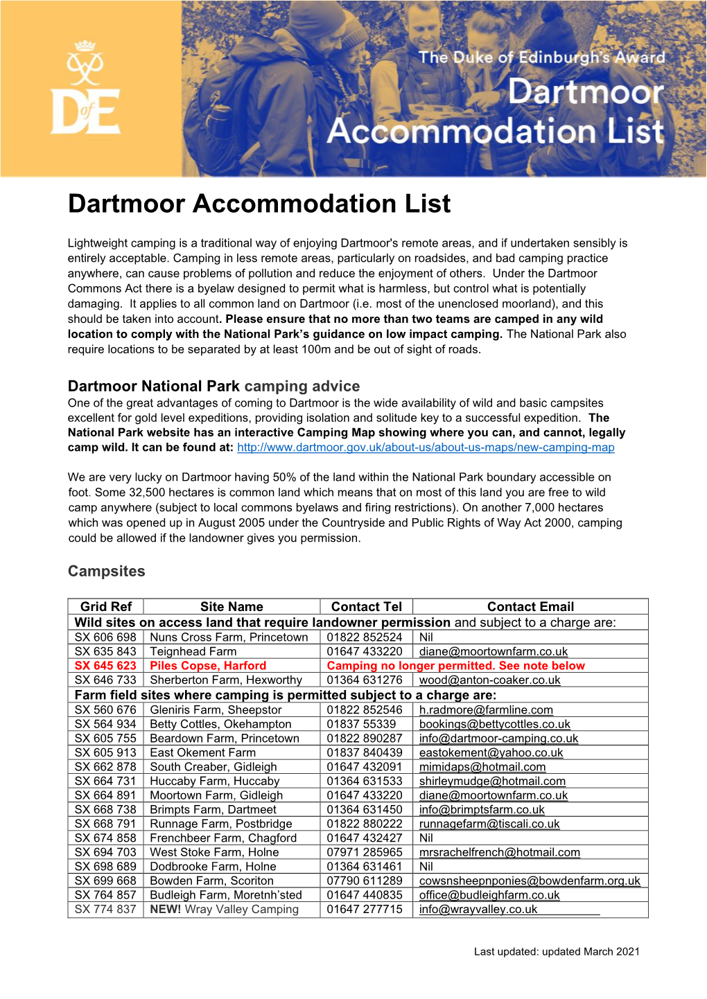 Dartmoor Accommodation List