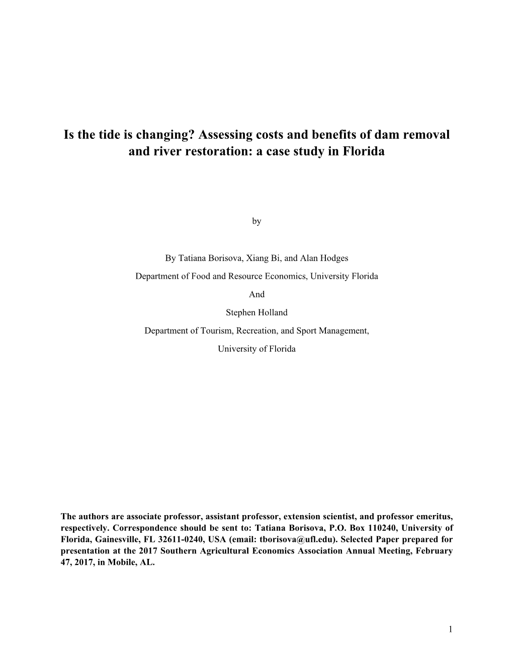 Is the Tide Is Changing? Assessing Costs and Benefits of Dam Removal and River Restoration: a Case Study in Florida