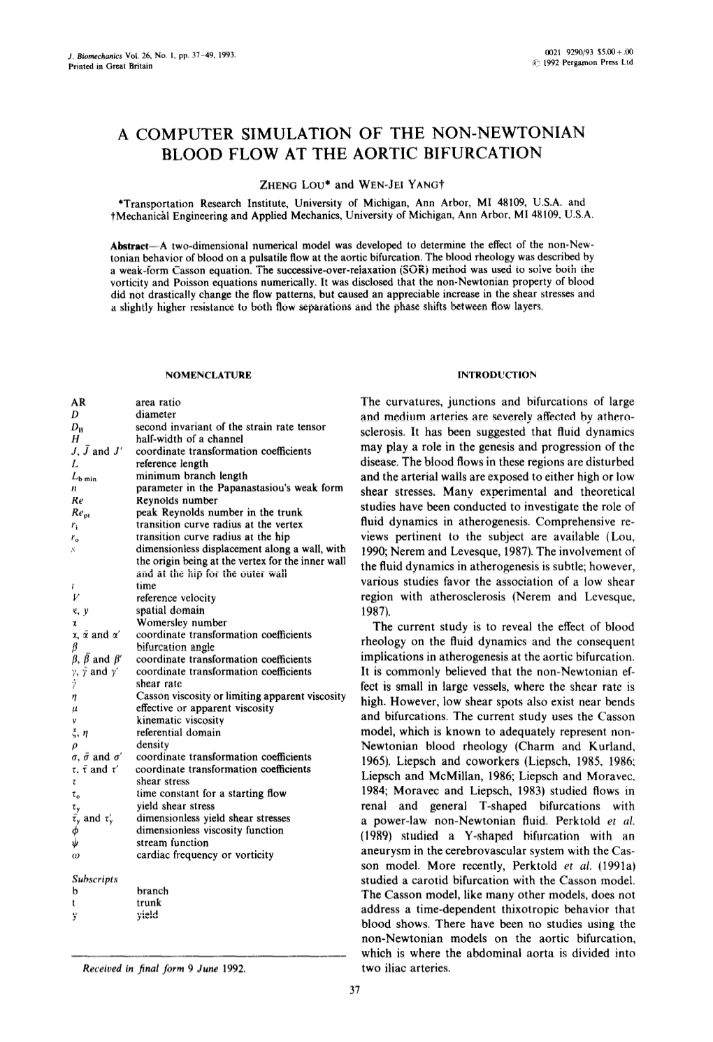 A Computer Simulation of the Non-Newtonian Blood Flow at the Aortic Bifurcation