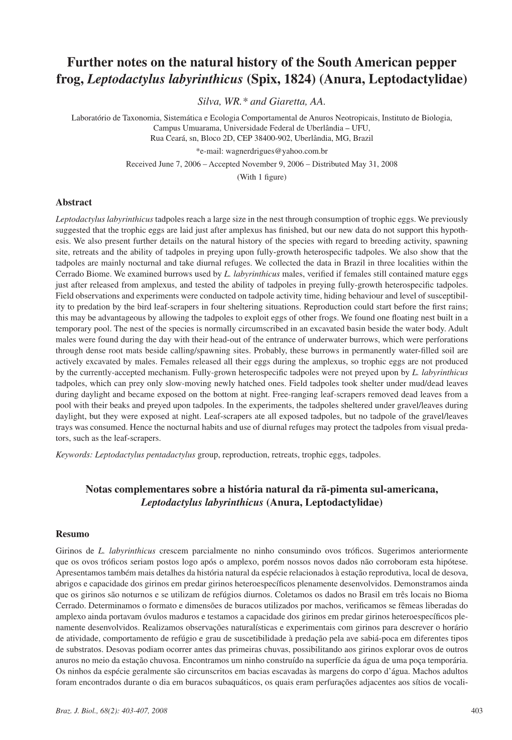 On the Natural History of the South American Pepper Frog, Leptodactylus Labyrinthicus (Spix, 1824) (Anura, Leptodactylidae) Silva, WR.* and Giaretta, AA