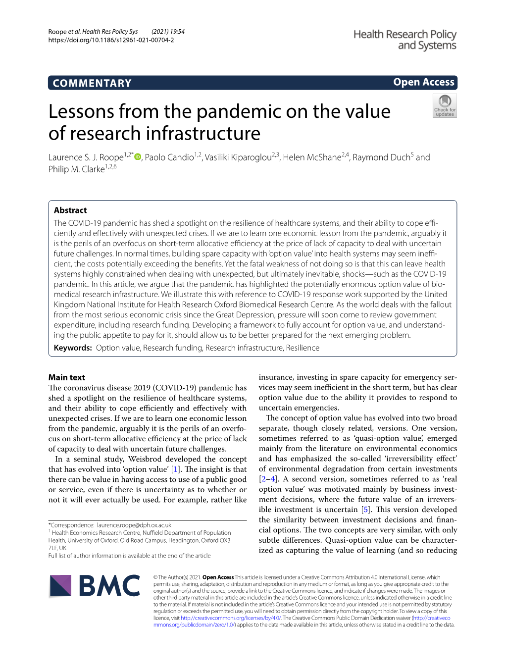 Lessons from the Pandemic on the Value of Research Infrastructure Laurence S