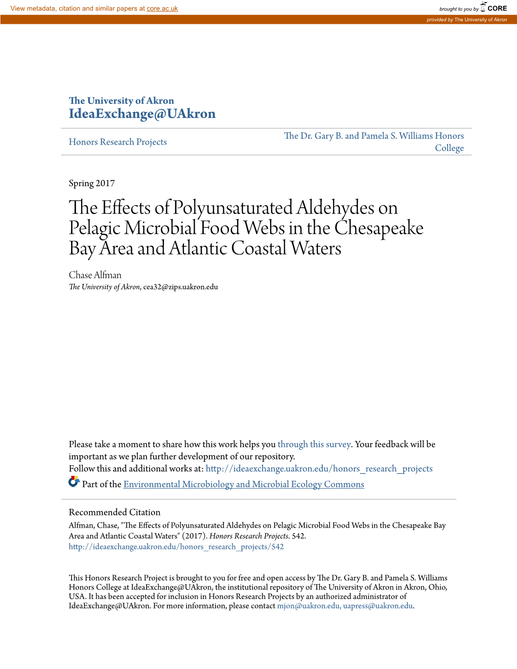 The Effects of Polyunsaturated Aldehydes on Pelagic Microbial Food Webs in the Chesapeake Bay Area and Atlantic Coastal Waters" (2017)