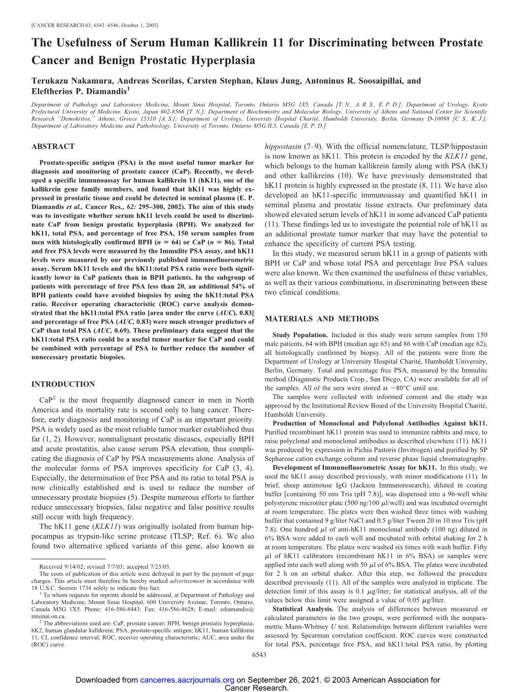 The Usefulness of Serum Human Kallikrein 11 for Discriminating Between Prostate Cancer and Benign Prostatic Hyperplasia