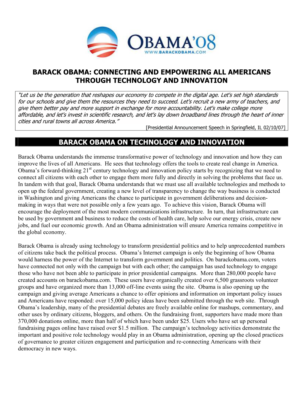 Barack Obama: Connecting and Empowering All Americans Through Technology and Innovation