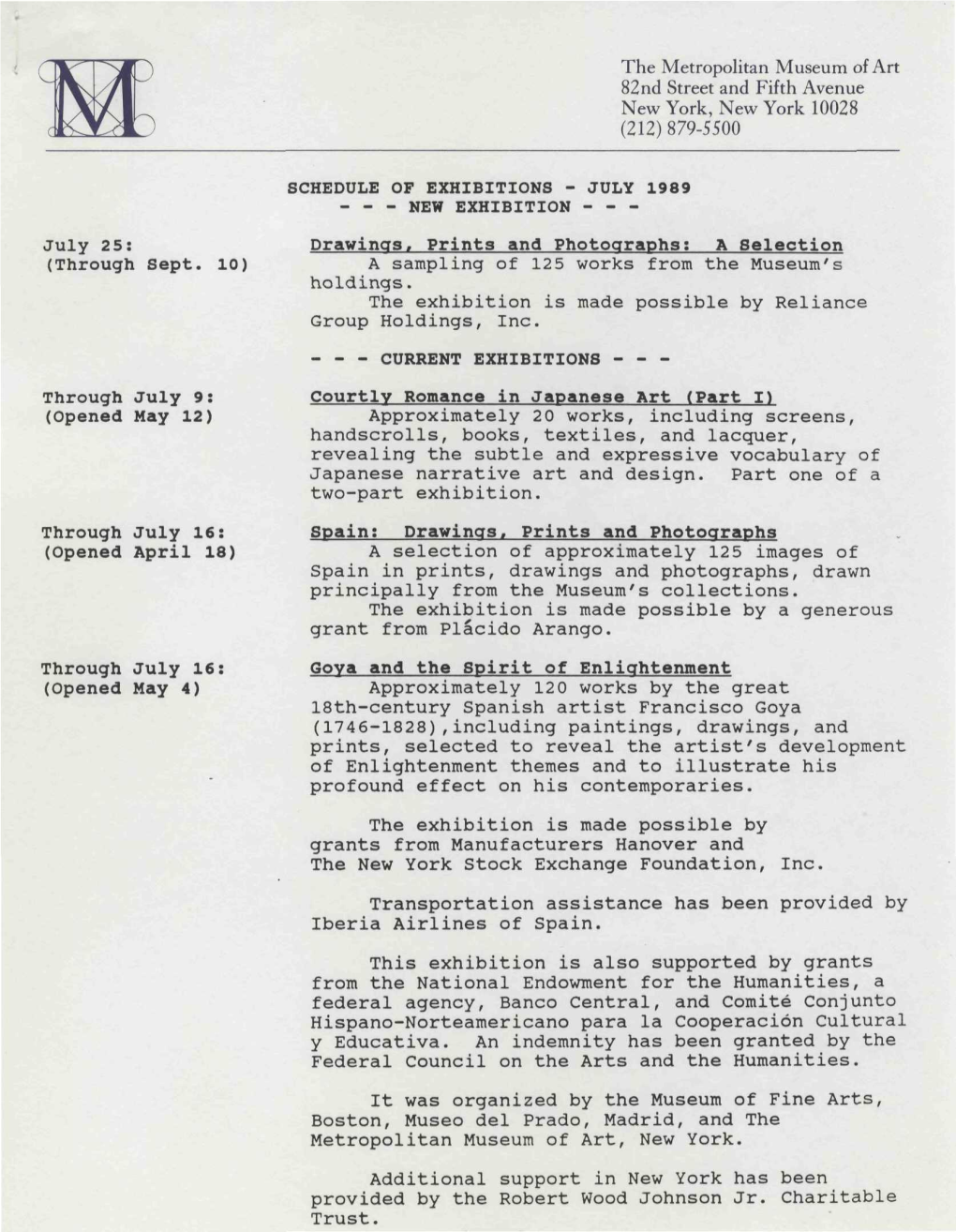 Trust. Schedule of Exhibitions - July 1989 Page 2