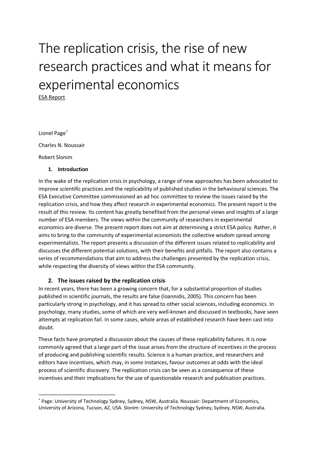 The Replication Crisis, the Rise of New Research Practices and What It Means for Experimental Economics ESA Report