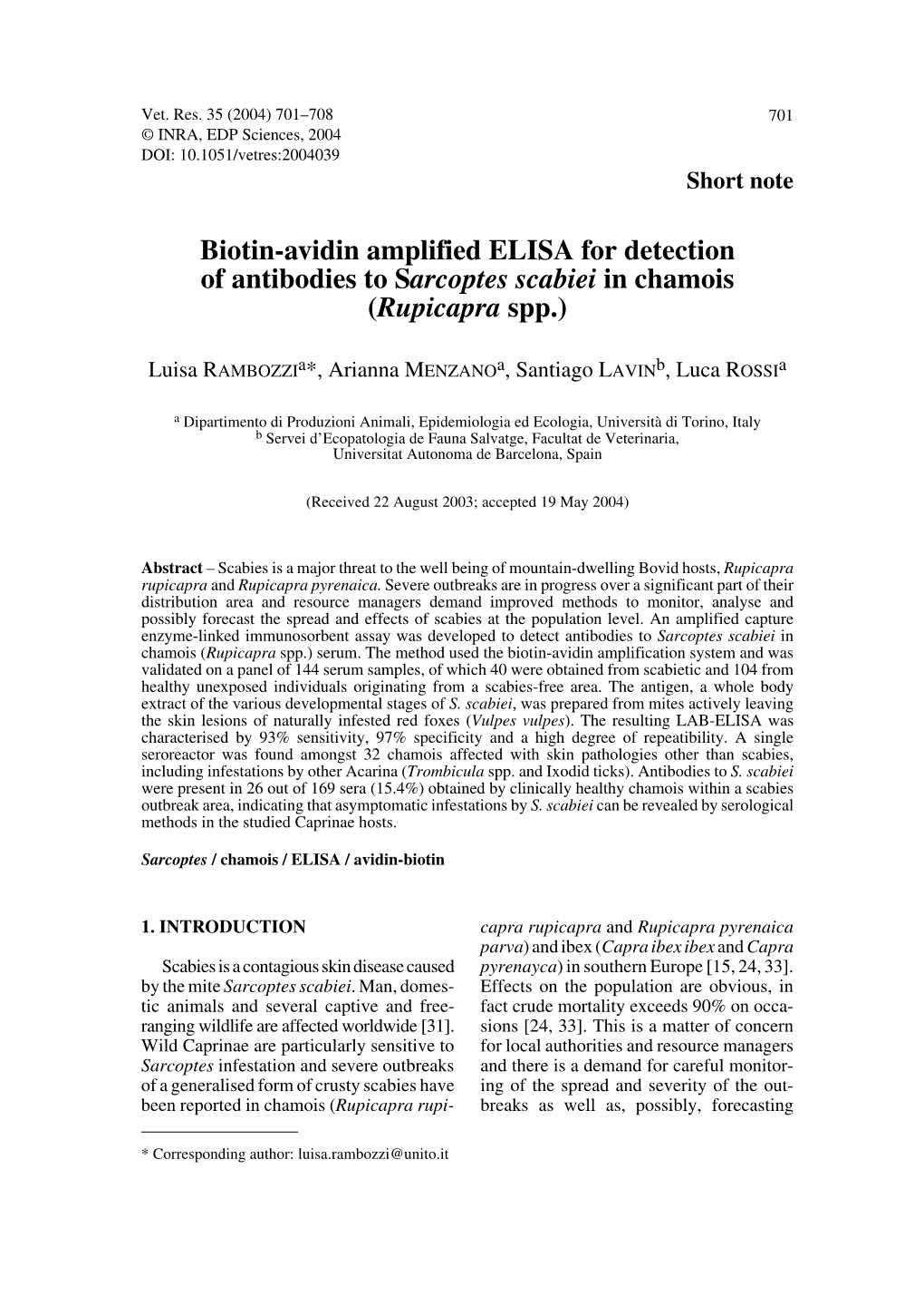 Biotin-Avidin Amplified ELISA for Detection of Antibodies to Sarcoptes Scabiei in Chamois (Rupicapra Spp.)