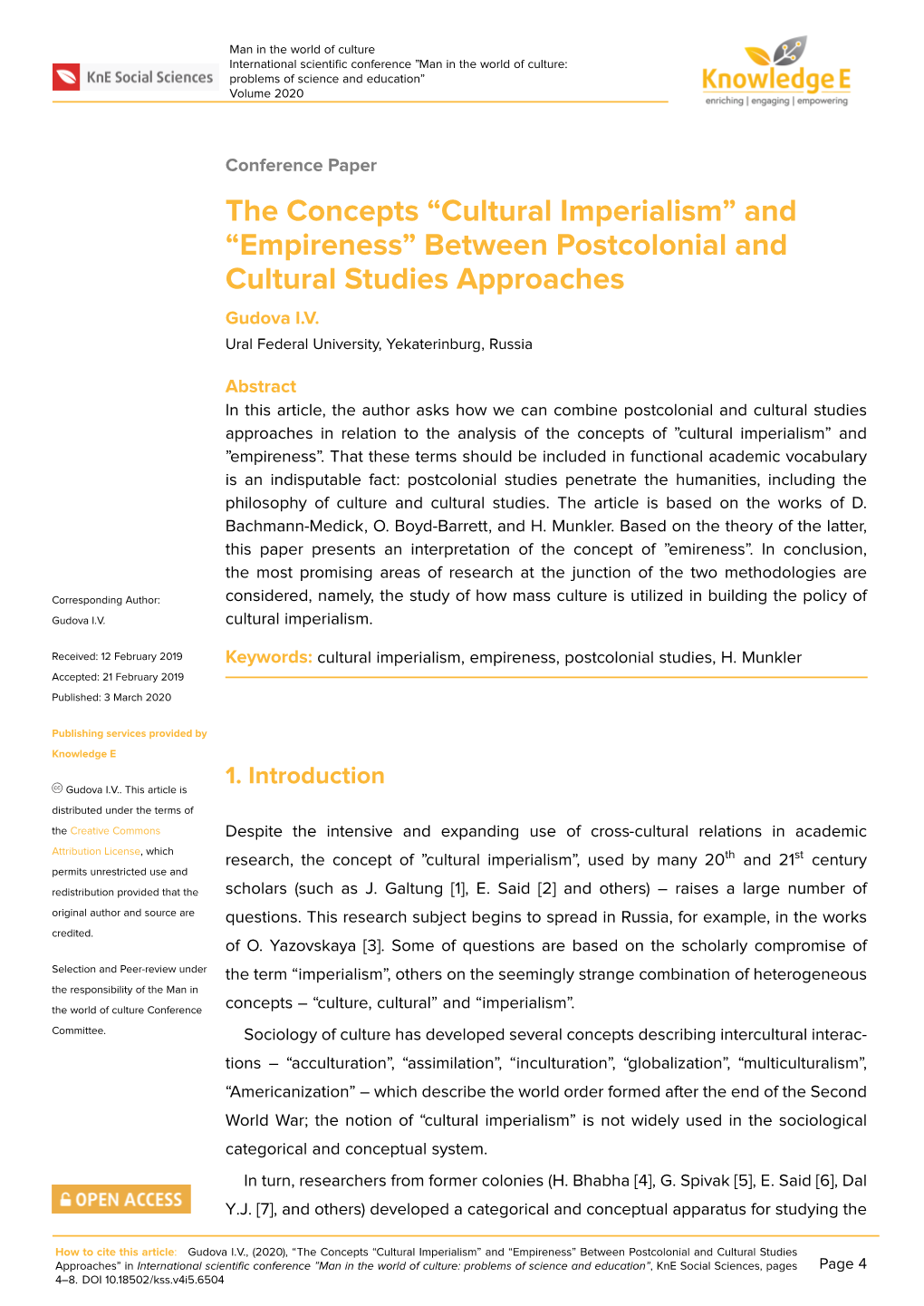 Cultural Imperialism” and “Empireness” Between Postcolonial and Cultural Studies Approaches Gudova I.V