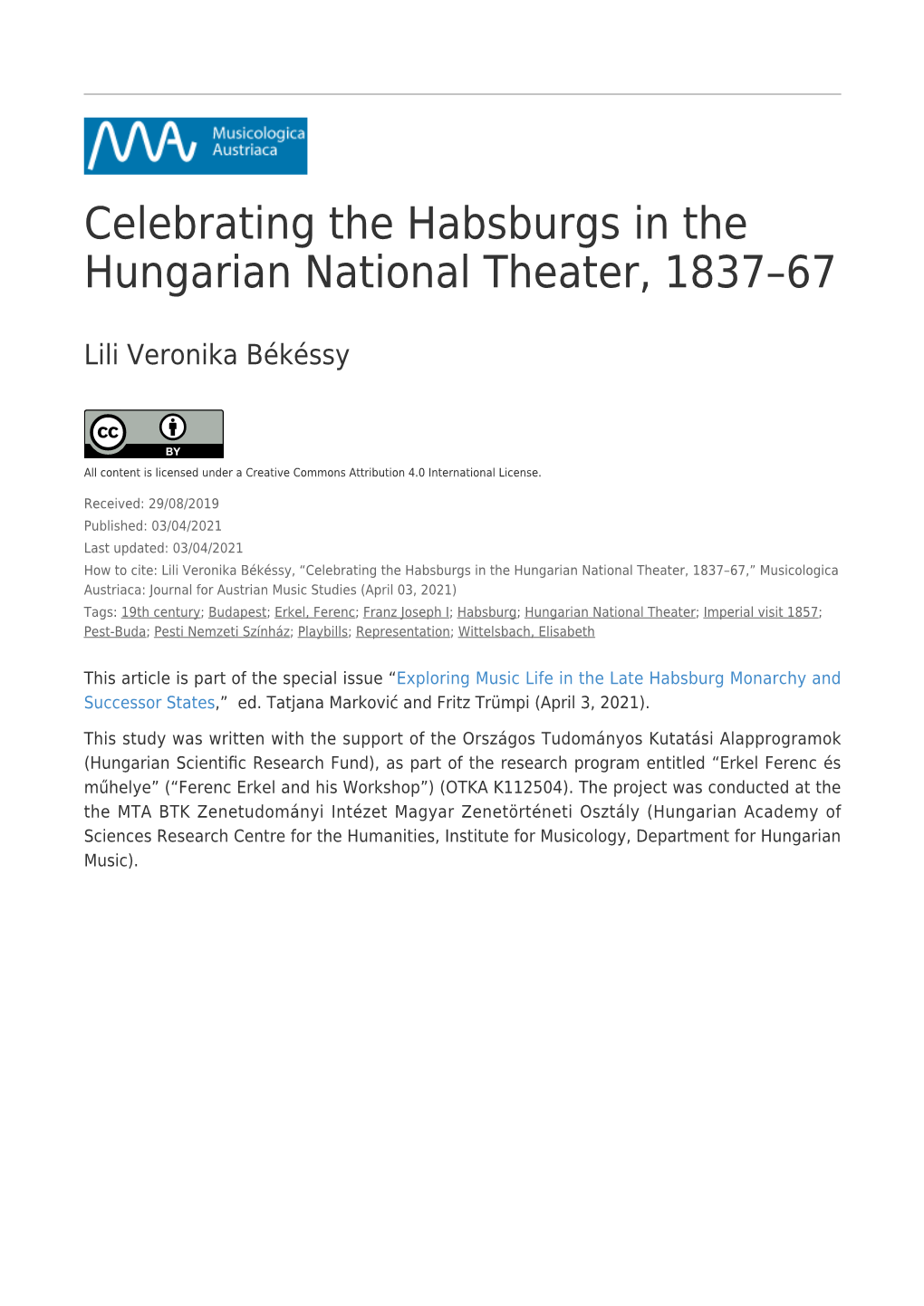 Celebrating the Habsburgs in the Hungarian National Theater, 1837–67