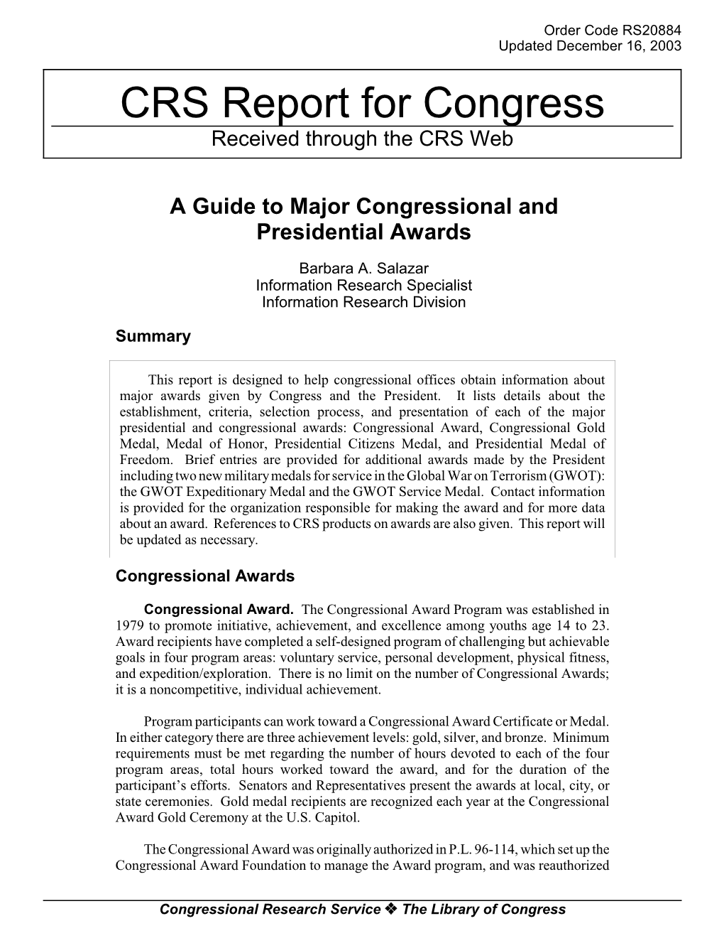 A Guide to Major Congressional and Presidential Awards