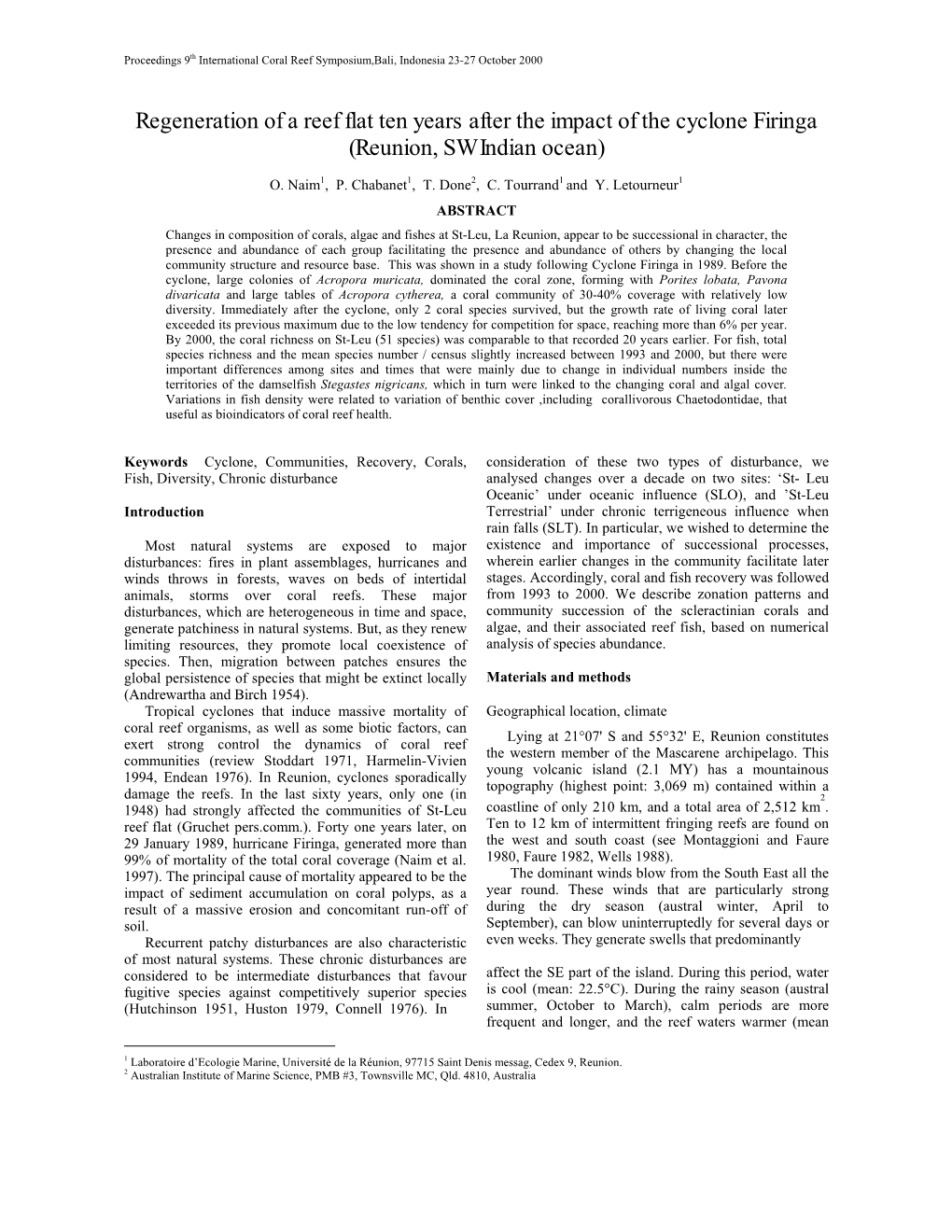 Regeneration of a Reef Flat Ten Years After the Impact of the Cyclone Firinga (Reunion, SW Indian Ocean)