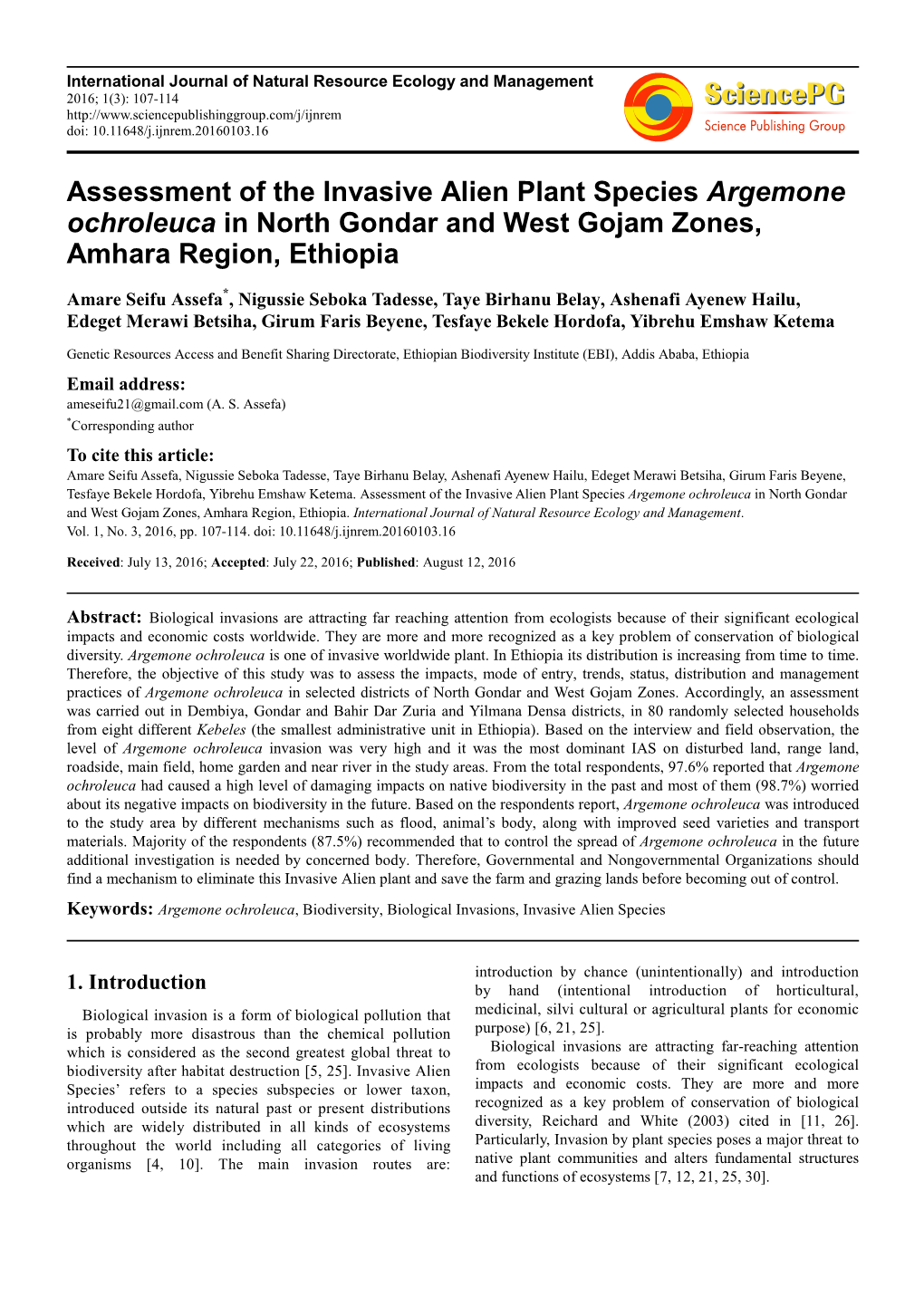 Assessment of the Invasive Alien Plant Species Argemone Ochroleuca in North Gondar and West Gojam Zones, Amhara Region, Ethiopia