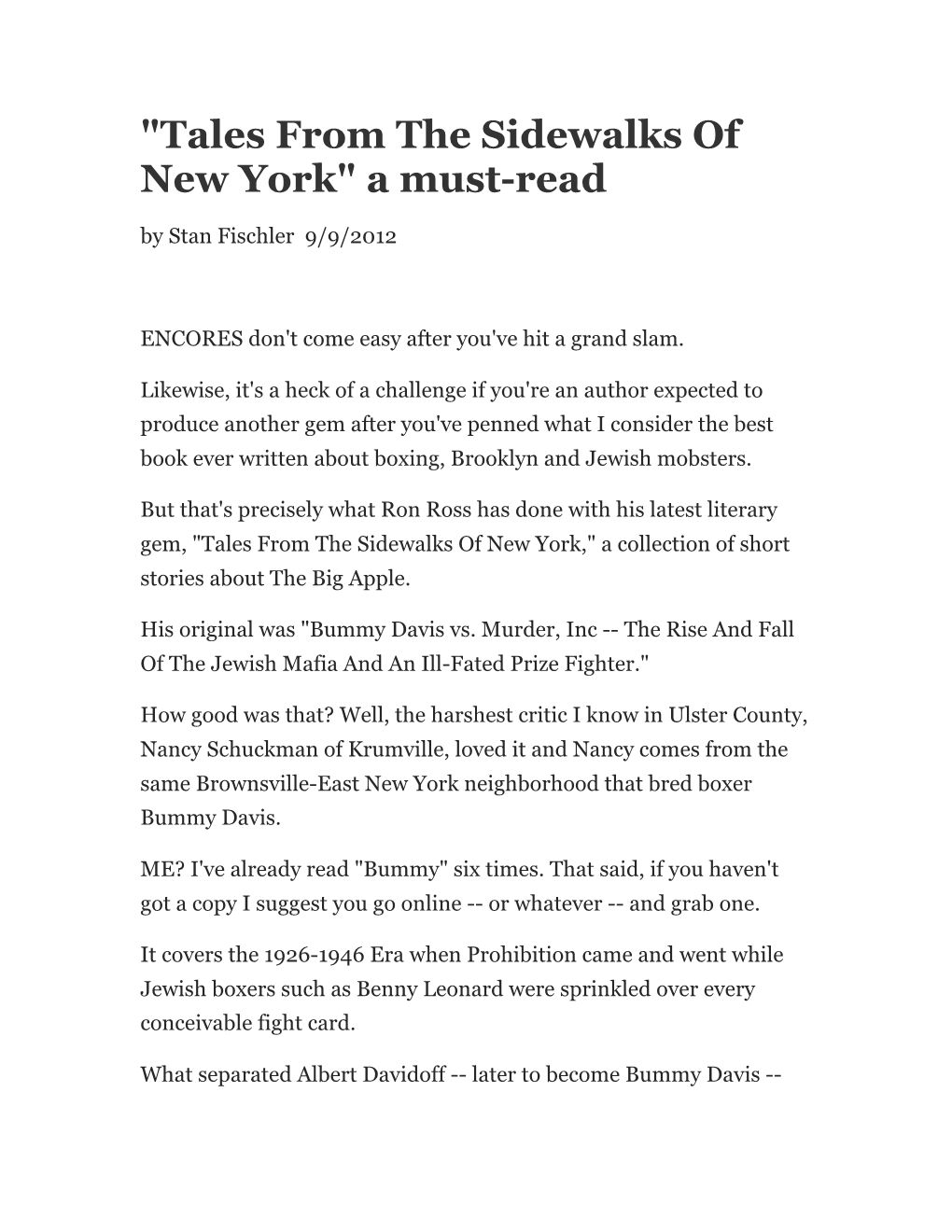 "Tales from the Sidewalks of New York" a Must-Read by Stan Fischler 9/9/2012
