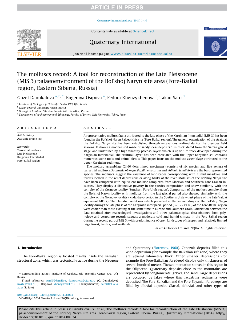 A Tool for Reconstruction of the Late Pleistocene (MIS 3) Palaeoenvironment of the Bol'shoj Naryn Site Area (Fore-Baikal Region, Eastern Siberia, Russia)