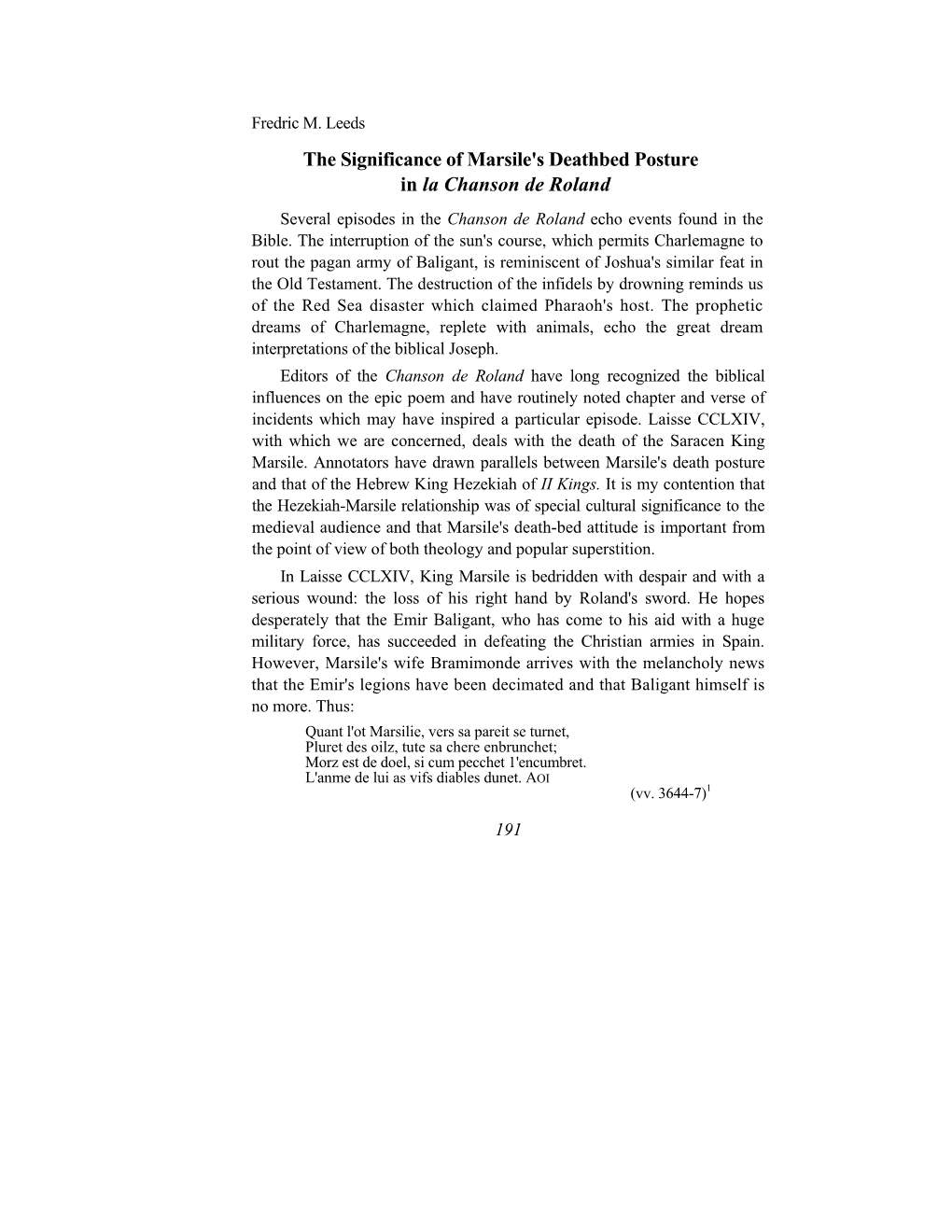 The Significance of Marsile's Deathbed Posture in La Chanson De Roland Several Episodes in the Chanson De Roland Echo Events Found in the Bible