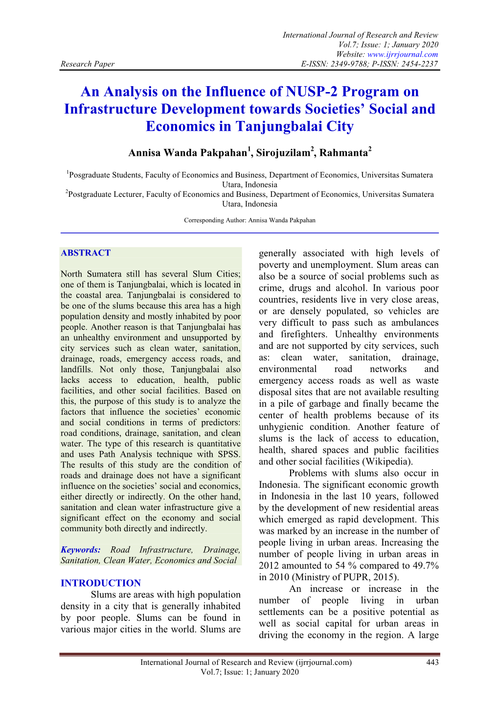 An Analysis on the Influence of NUSP-2 Program on Infrastructure Development Towards Societies’ Social and Economics in Tanjungbalai City