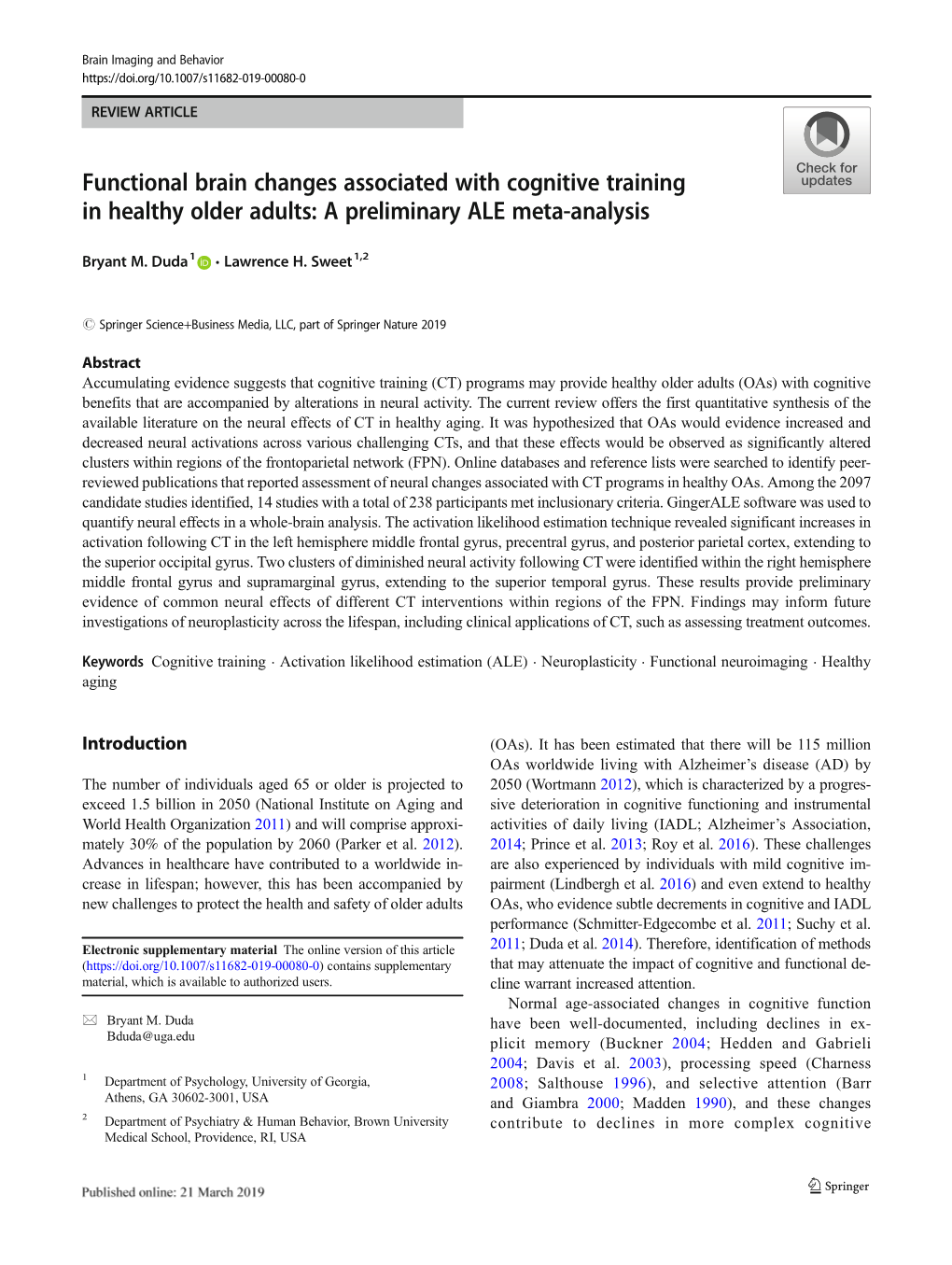 Functional Brain Changes Associated with Cognitive Training in Healthy Older Adults: a Preliminary ALE Meta-Analysis