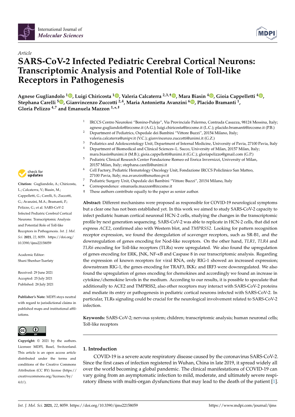 SARS-Cov-2 Infected Pediatric Cerebral Cortical Neurons: Transcriptomic Analysis and Potential Role of Toll-Like Receptors in Pathogenesis