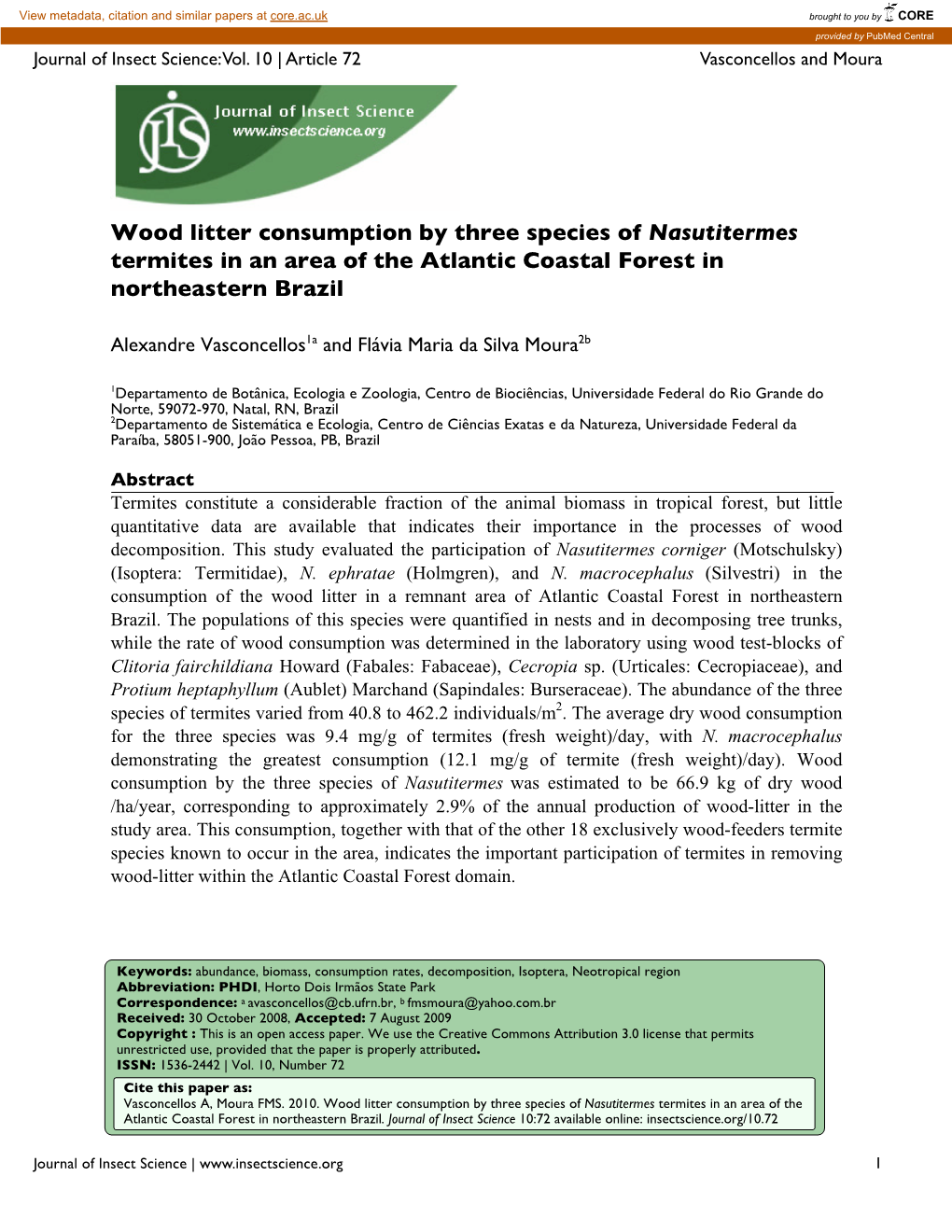 Wood Litter Consumption by Three Species of Nasutitermes Termites in an Area of the Atlantic Coastal Forest in Northeastern Brazil