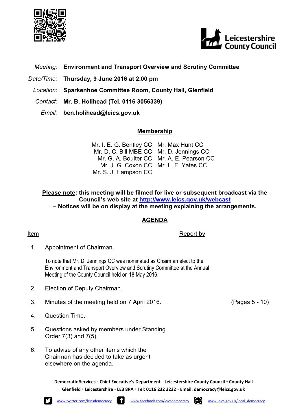 (Public Pack)Agenda Document for Environment and Transport Overview and Scrutiny Committee, 09/06/2016 14:00