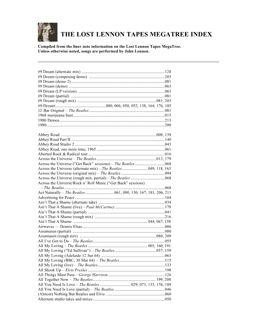 THE LOST LENNON TAPES Megatree Liners Index