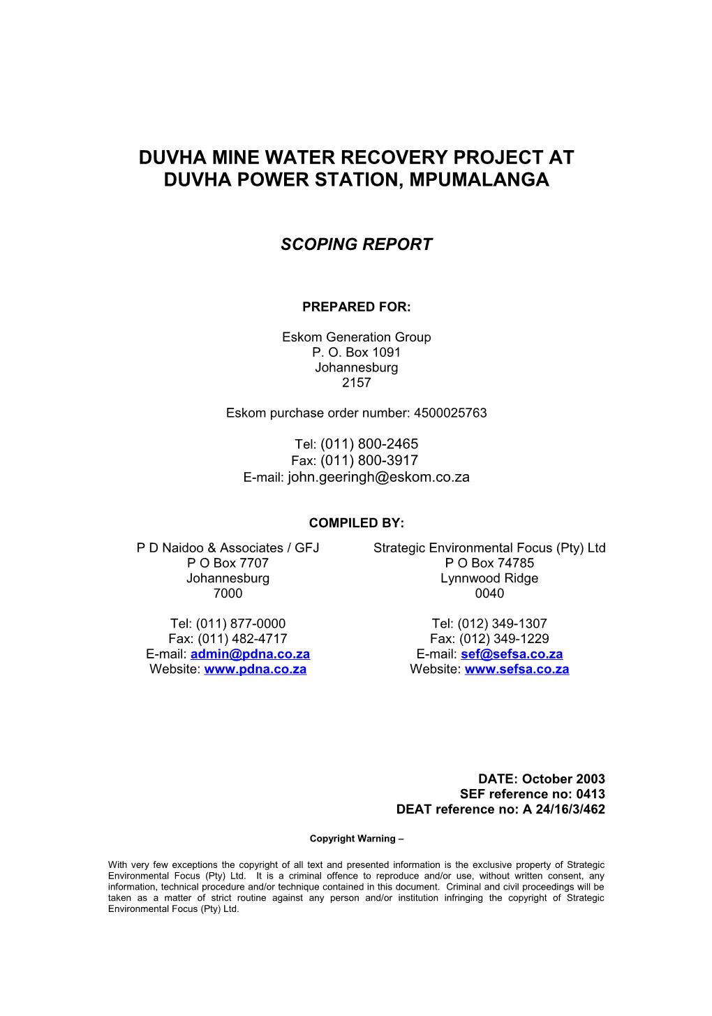 Duvha Mine Water Recovery Project at Duvha Power Station, Mpumalanga