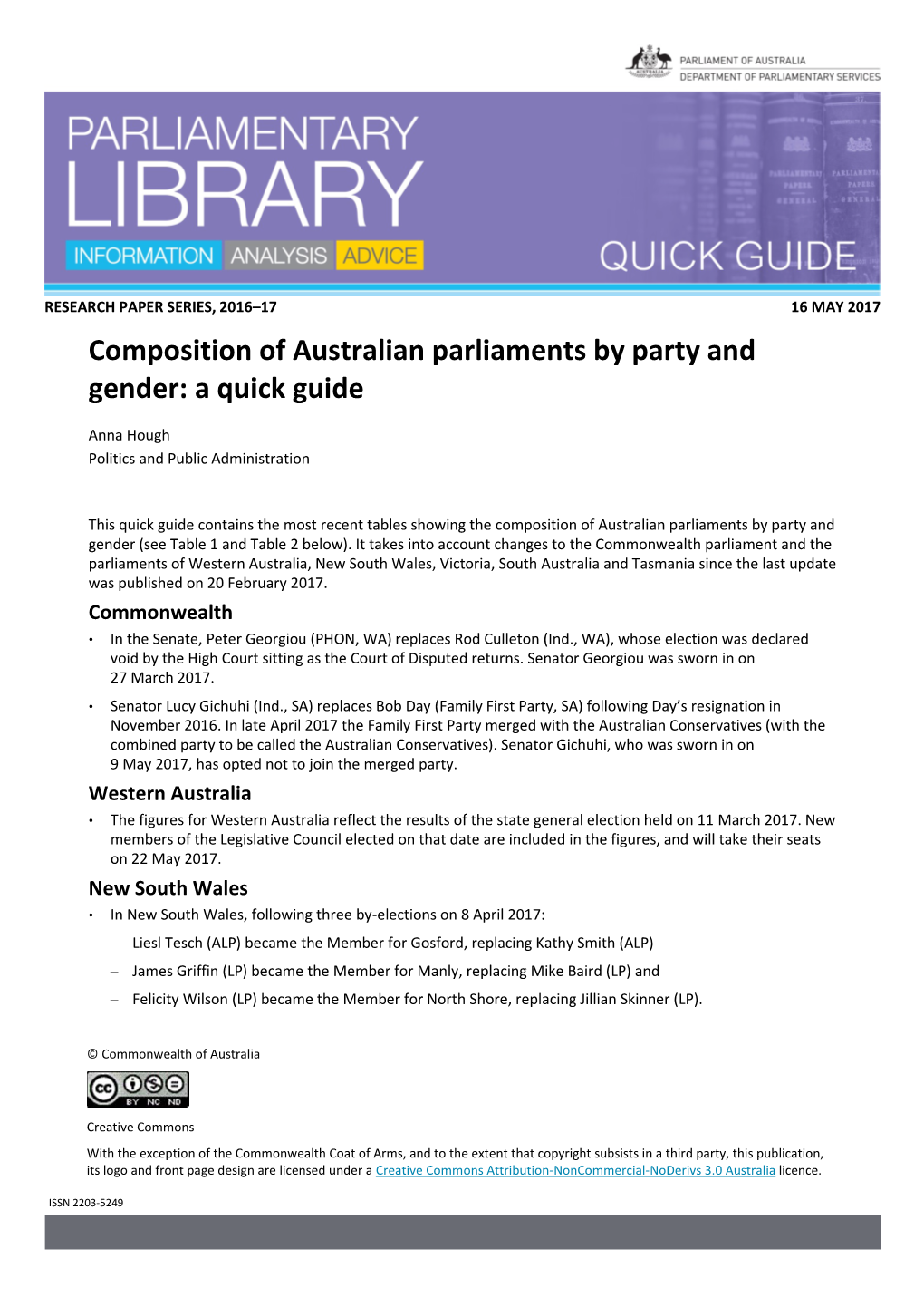 Composition of Australian Parliaments by Party and Gender: a Quick Guide