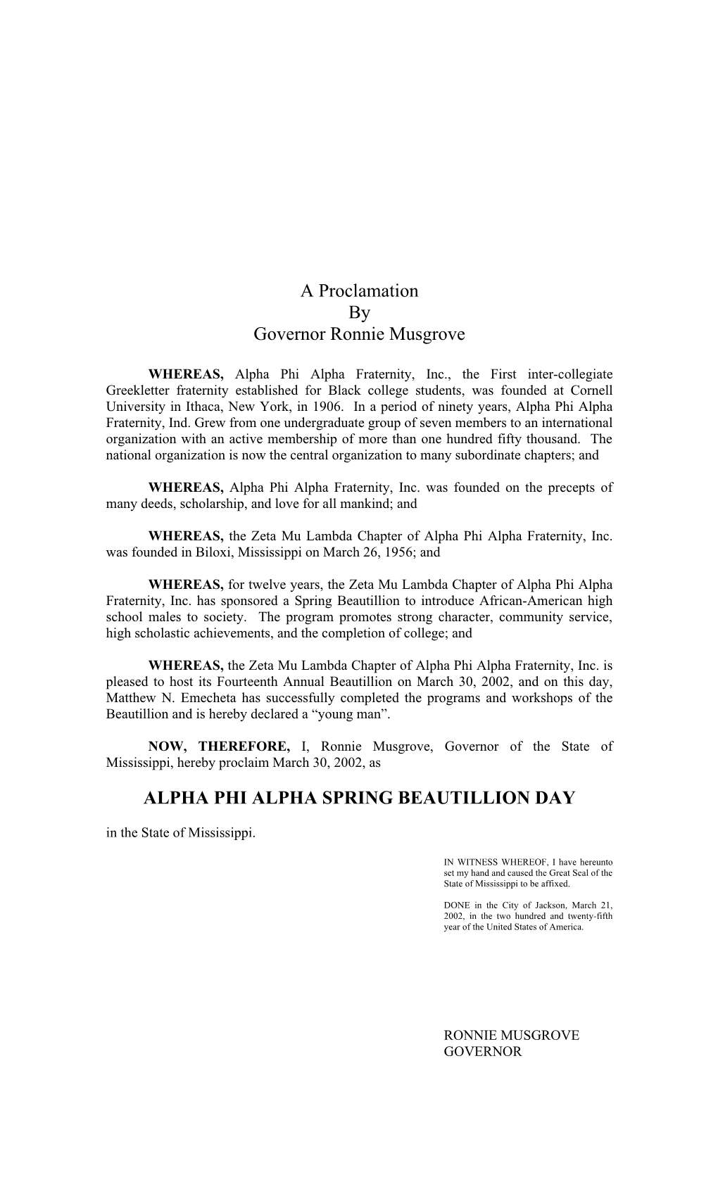 A Proclamation by Governor Ronnie Musgrove