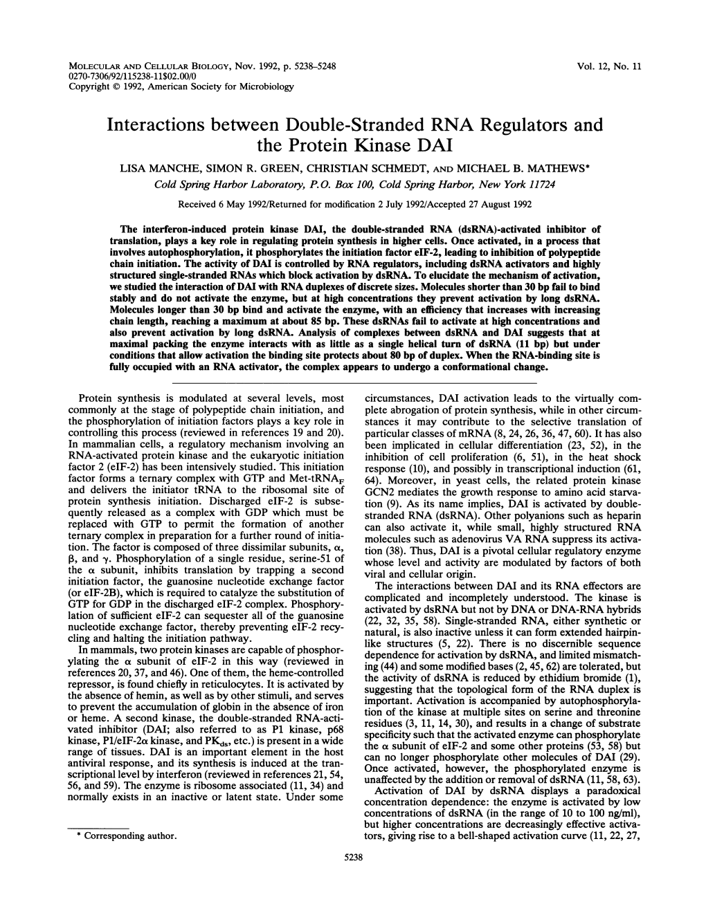 The Protein Kinase DAI LISA MANCHE, SIMON R
