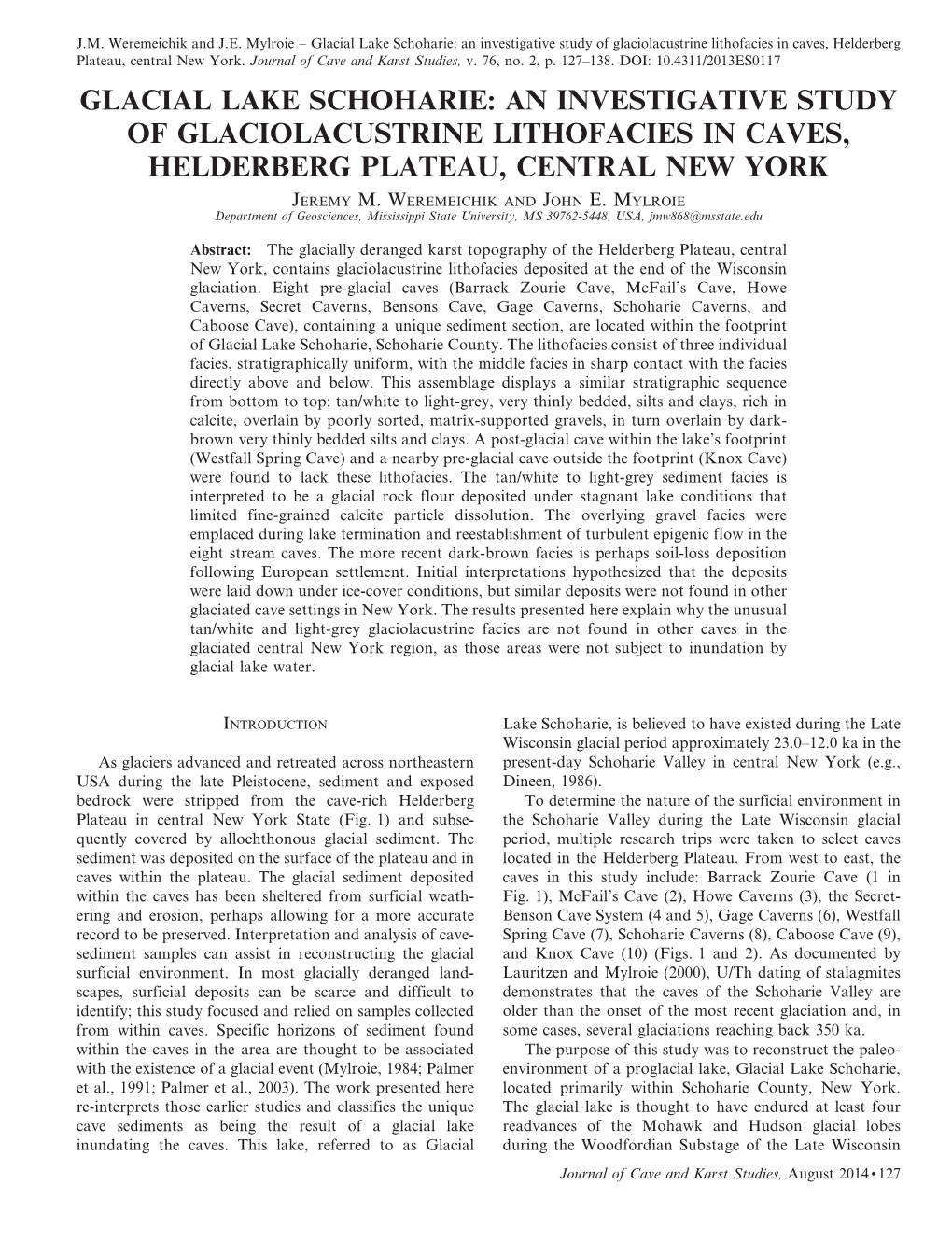 Glacial Lake Schoharie: an Investigative Study of Glaciolacustrine Lithofacies in Caves, Helderberg Plateau, Central New York