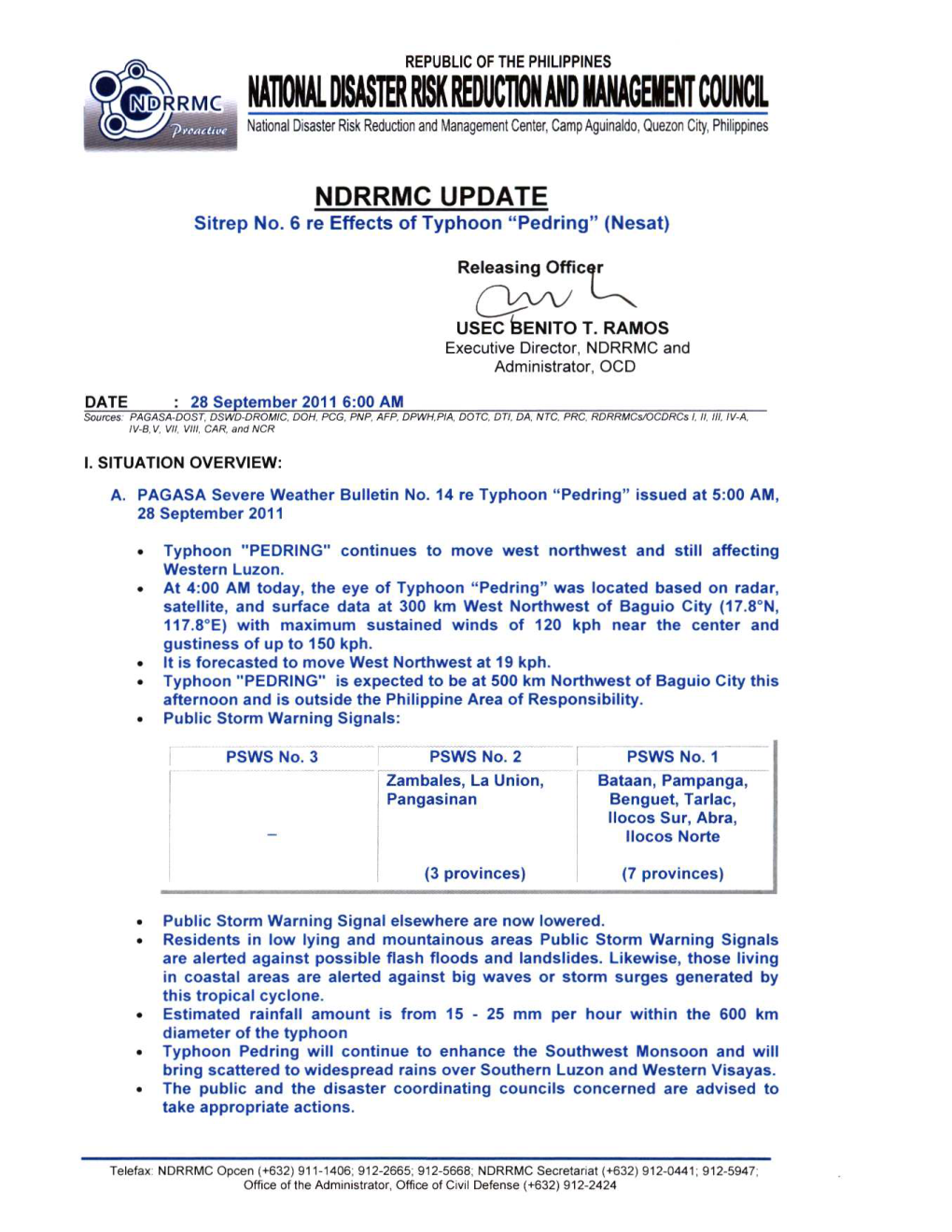 NDRRMC Update Re Sitrep No 6 Re TY PEDRING 28 Sep 2011