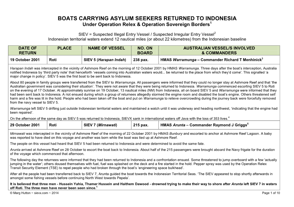 BOATS CARRYING ASYLUM SEEKERS RETURNED to INDONESIA Under Operation Relex & Operation Sovereign Borders1